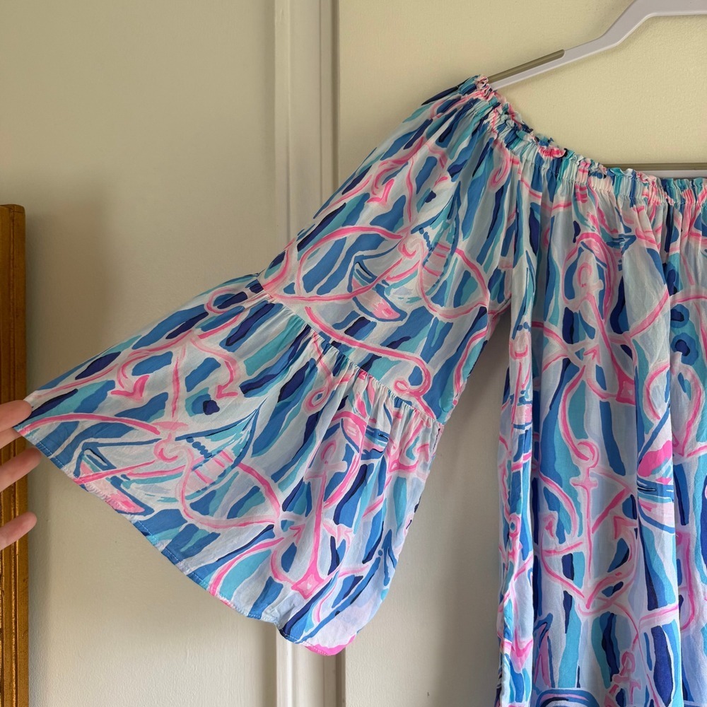 Lilly Pulitzer Womens Blue Pink Anchor Sailboat Off Shoulder Bell Sleeve Top S - Picture 2 of 8